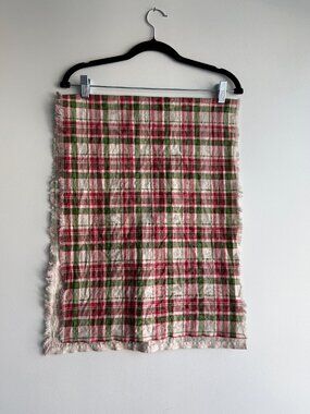 Linen Scottish Scotland Plaid Tartan 16x44" Runner Vintage Table Cloth Red Green